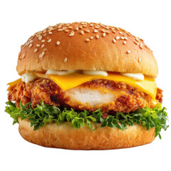 Burger with a piece of chicken and cheese on top of a bun