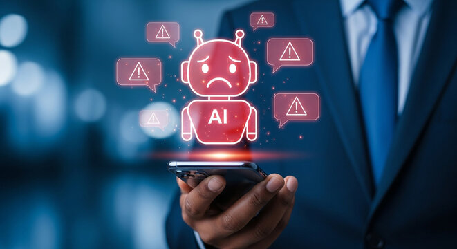 A businessman holds a smartphone displaying a sad ai robot surrounded by warning signs, symbolizing artificial intelligence errors and potential technology failures