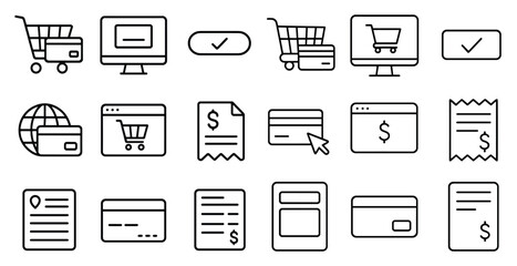 Set of shopping icons including a credit card, a shopping cart, and a receipt. The icons are all in black and white and are arranged in a grid