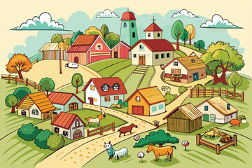 Charming cartoon village scene featuring various farm animals and colorful buildings in a lush countryside setting, depicting a lively and vibrant rural life.