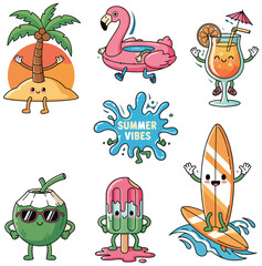 Collection of cheerful summer stickers themed cartoon characters and objects for design.