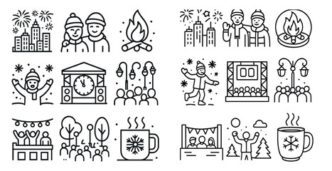 Series of black and white illustrations of people enjoying the winter season. The illustrations include people in various winter activities such as skiing, snowboarding, and ice skating