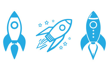 Three Simple Blue Rocket Icons Isolated on a Clean White Background