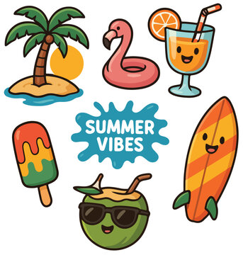 Collection of cheerful summer stickers themed cartoon characters and objects for design.