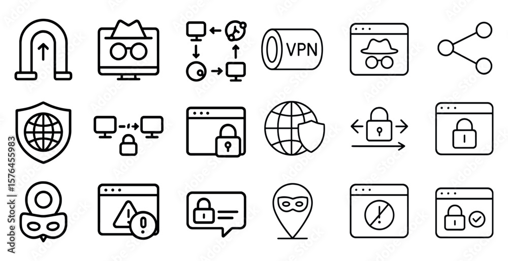 Poster collection of icons for various computer security and privacy features. the icons include a shield, 