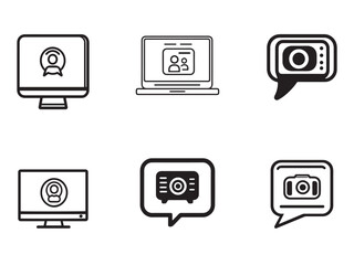 Black And White Icons Of Video Call, Laptop, Camera, And Security Related Items