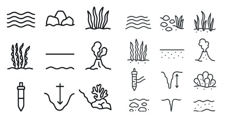 Obraz premium Series of drawings of various ocean and land features. The drawings are in black and white and include a variety of shapes and sizes
