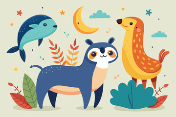 Whimsical illustration featuring cartoon animals beneath a starry night sky. Includes a dolphin, deer, and other animals with vibrant colors and playful designs.
