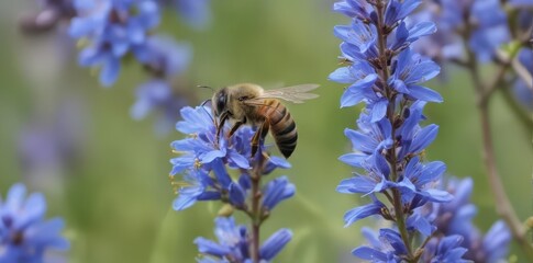 Busy bee gathering nectar from vibrant blue blossoms , arthropod, vibrant, honeybee