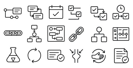 Fototapeta premium Set of icons for a diagram or flow chart. The icons include a hand, a paper, a clock, a link, a person, a cup, a book, a bottle, a box, a cell phone, a computer