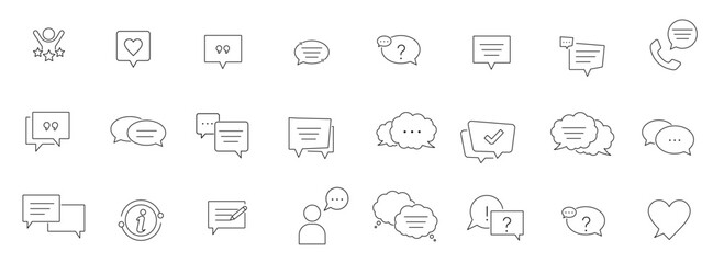 Checkmark, approved, chat and quote line icons set with speech bubble, tick mark, comment symbols for social media and communication UI