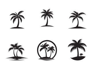Obraz premium Black Silhouette Set Tropical Palm Tree Icons on White Background, Beach Design Elements