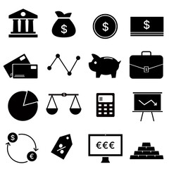 Finance icon collection with symbols for banking, money, investment, accounting, and financial services vector design