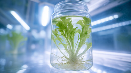 transparent hydroponic container showing entangled lettuce roots with algae buildup, sterile lab backdrop