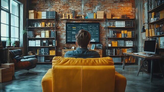 Man watching a datafilled screen in a modern industrialstyle office