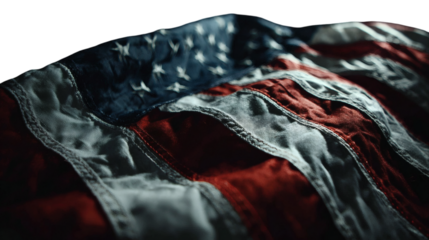 A closeup view of the american flag, showcasing its iconic stars and stripes with detailed fabric texture isolated on transparent background
