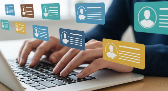 Hands typing on a laptop keyboard surrounded by user profile icons, representing digital communication and social networking