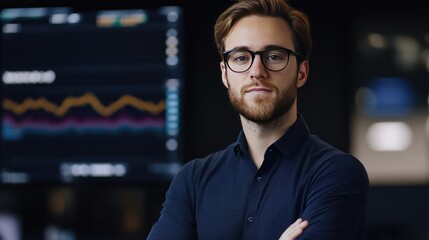 Fototapeta premium Man with glasses and beard in front of financial charts