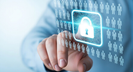 A person is touching a digital padlock icon, symbolizing cybersecurity and data protection in the digital age, ensuring privacy and secure access
