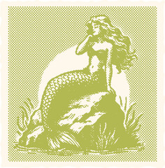 engraving canvas template with stamp halftone vector design featuring a mermaid woman sitting on a rock surrounded by clouds, perfect for fantasy art, nautical themes, and mythical illustrations