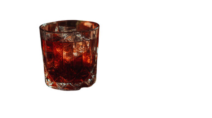 A refreshing dark amber cocktail with ice cubes in a clear glass, isolated on a transparent background