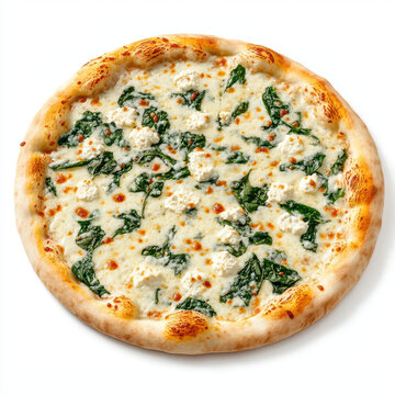 A delicious spinach and ricotta white pizza with a golden-brown crust, topped with melted cheese and fresh spinach leaves.