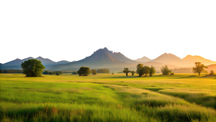 A breathtaking natural landscape with rolling green hills and majestic mountains bathed in the warm glow of sunset isolated on transparent background