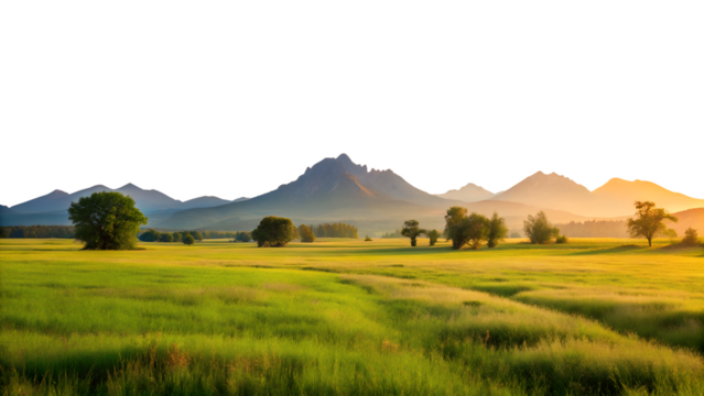 A breathtaking natural landscape with rolling green hills and majestic mountains bathed in the warm glow of sunset isolated on transparent background