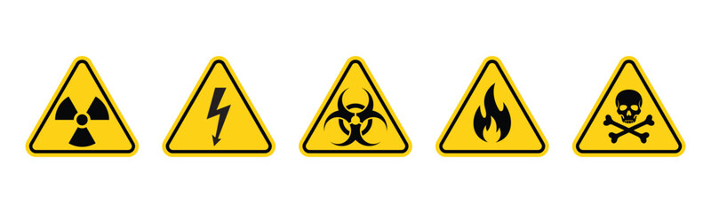 Set of hazard danger vector signs. Radiation sign, High voltage sign, Biohazard sign, Gas flame sign, Toxic sign in triangle vector illustration on a isolated background