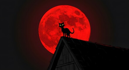 Black Cat Silhouetted Against a Blood Moon on a Rooftop