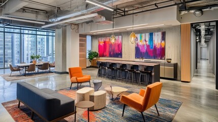 Modern open office lounge with city view, art, and kitchen area.  Use Business, networking
