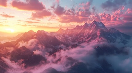 Majestic sunset over mountain peaks shrouded in clouds
