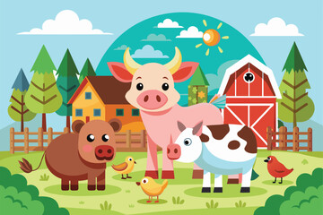 Cute farm animals including a cow, pig, and chicken in a vibrant, cartoon style rural setting with a barn and trees, capturing the joy and innocence of farm life.