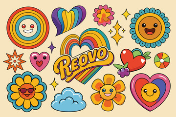Fototapeta premium A vibrant collection of retro style stickers featuring hearts, flowers, and rainbow motifs. Perfect for capturing a fun, nostalgic vibe with cheerful and playful designs.