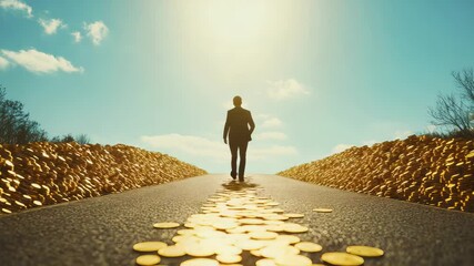 Person Walking on Path of Coins Symbolizing Wealth and Choices Under Clear Sky