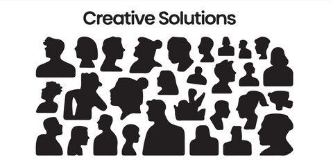A collection of diverse silhouette head profiles arranged on a white background with text on top