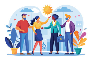 Illustration of diverse business colleagues greeting each other with face masks outdoors, symbolizing teamwork and positivity. Bright colors and plants add an uplifting ambience to the gathering.