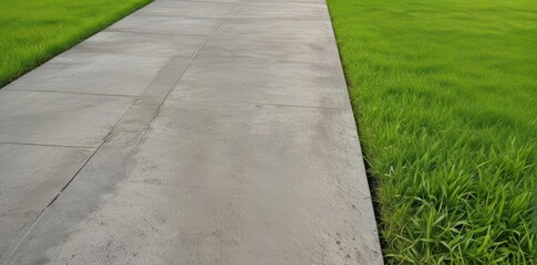 Fototapeta premium Textured concrete sidewalk meets lush green grass Abstract background , rough, landscape