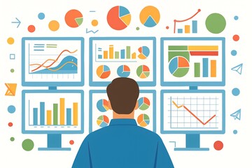 A person in a blue shirt is looking at a wall of computer monitors displaying various charts, graphs, and data visualizations. The screens show financial trends and analytics.