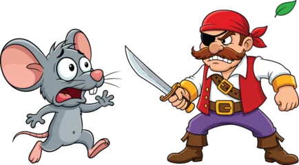 Keuken achterwand Piraten Angry cartoon pirate with sword chasing scared mouse, funny vector illustration, comic scene, animal and pirate character design for kids  © Biplob Creatives
