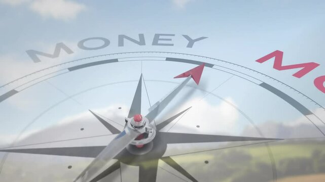 At start compass rose needle rotating clockwise toward MONEY segment highlighting financial focus