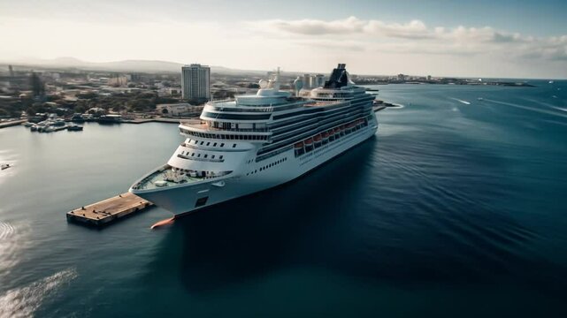 Cruise Ship Docked in Tropical Harbor at Sunset