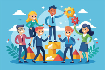 Naklejka premium Illustration of a diverse group of young professionals collaborating with gears, symbolizing teamwork and innovation. Ideal for business concepts, teamwork, and creative solutions presentations.