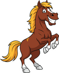 Cartoon illustration of a brown happy horse standing on hind legs, funny animal character, cute vector mascot design, isolated clipart