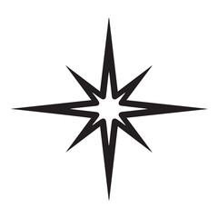 A sharp black starburst shape with eight jagged points emanating from a bright center on a white background