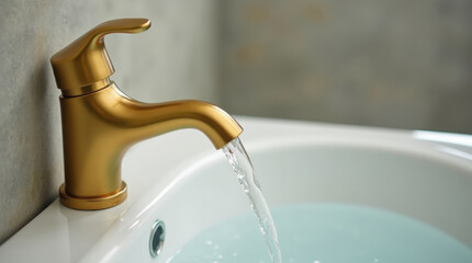 Water flows into the sink from a gold faucet