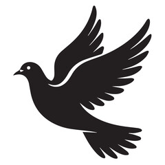Obraz premium Stylized black silhouette of a dove or pigeon in flight with wings spread wide against a white background