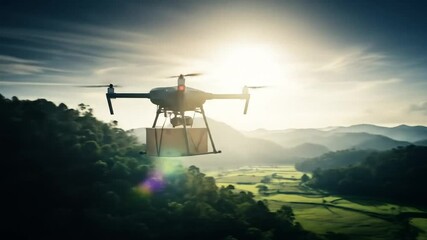 Drone Delivering Package Over Green Valley