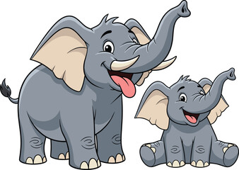 Cute cartoon elephant family illustration, happy baby elephant sitting, smiling parent elephant standing, isolated vector art, wildlife animal character design