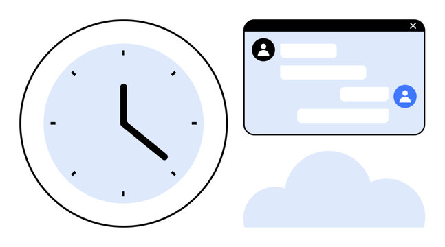 Clock symbolizing time, chat interface for communication, and a cloud for digital storage. Ideal for productivity, collaboration, scheduling, connectivity, digital tools, cloud storage simple
